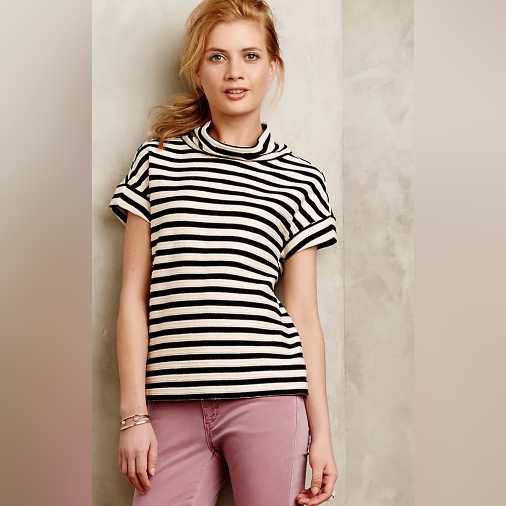 Anthropologie Atelier Striped Short-Sleeve Mock Turtleneck
